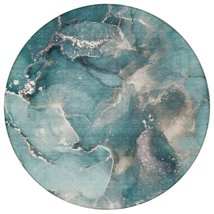 8' Round Teal Round Abstract Washable Non Skid Indoor Outdoor Area Rug