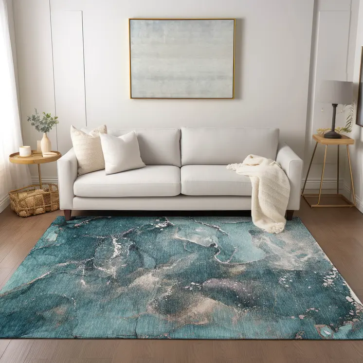 9' X 12' Teal Abstract Washable Non Skid Indoor Outdoor Area Rug