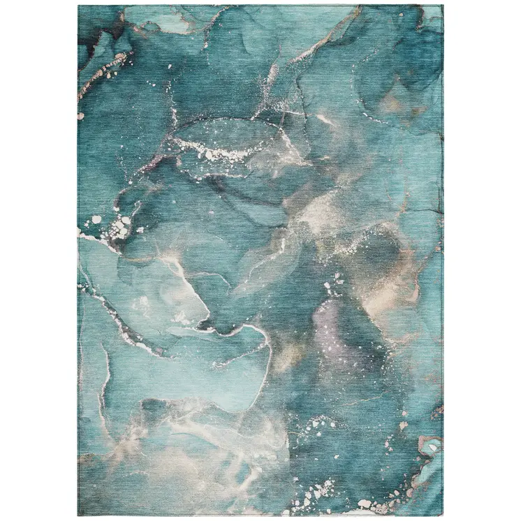 10' X 14' Teal Abstract Washable Non Skid Indoor Outdoor Area Rug