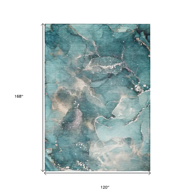 10' X 14' Teal Abstract Washable Non Skid Indoor Outdoor Area Rug