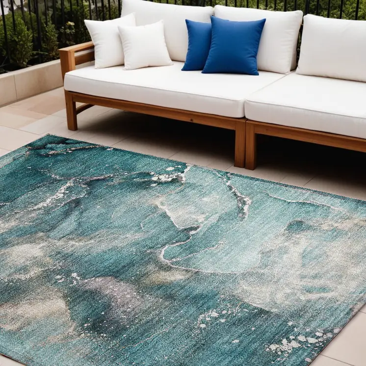 10' X 14' Teal Abstract Washable Non Skid Indoor Outdoor Area Rug