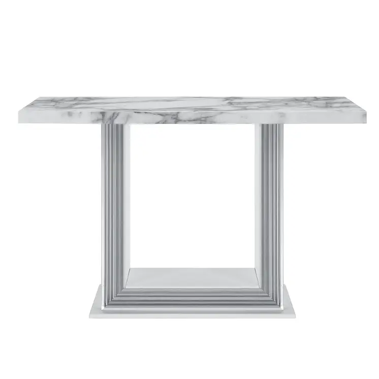 26" White and Silver Faux Marble Frame Console Table