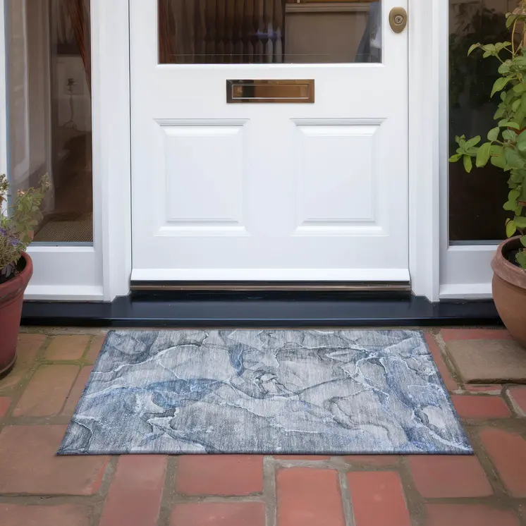 2' X 3' Blue and Gray Abstract Washable Non Skid Indoor Outdoor Area Rug