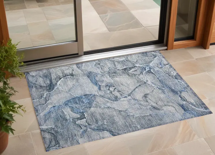 2' X 3' Blue and Gray Abstract Washable Non Skid Indoor Outdoor Area Rug
