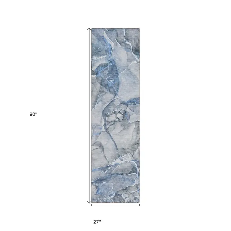 8' Runner Blue and Gray Abstract Washable Non Skid Indoor Outdoor Runner Rug