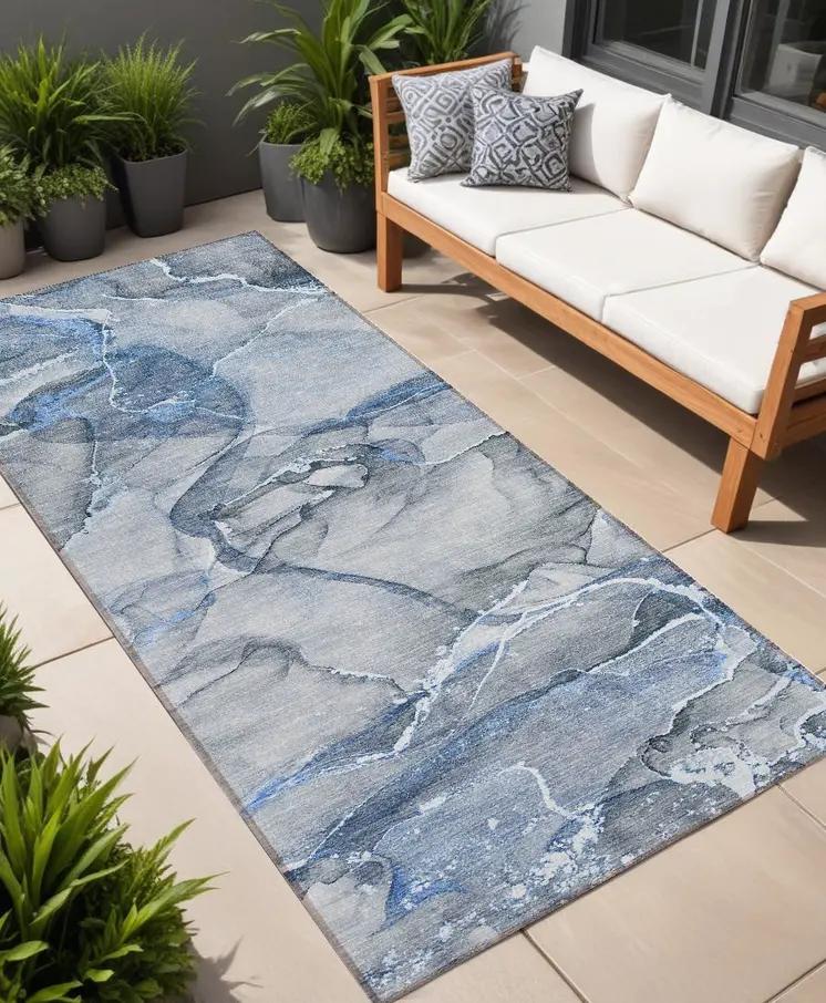 8' Runner Blue and Gray Abstract Washable Non Skid Indoor Outdoor Runner Rug