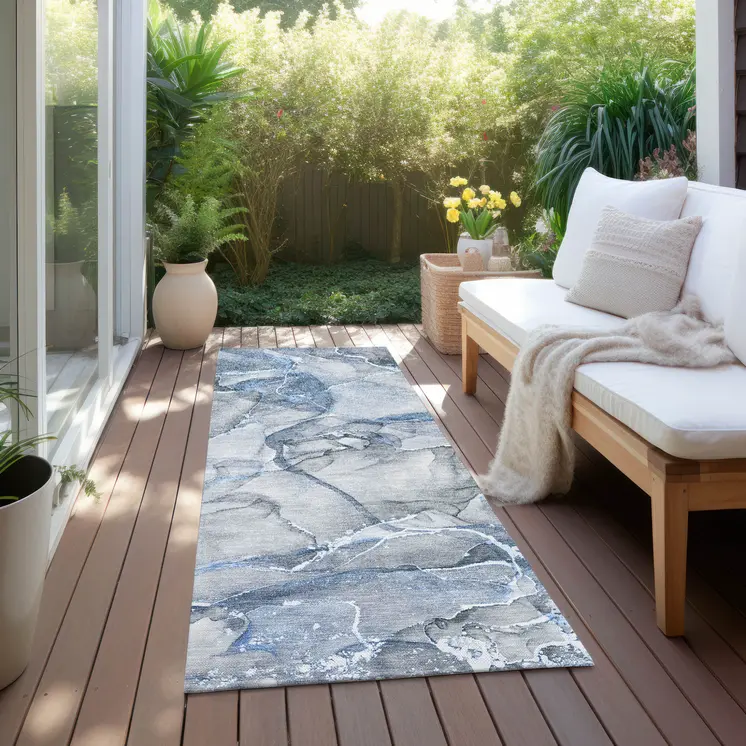 8' Runner Blue and Gray Abstract Washable Non Skid Indoor Outdoor Runner Rug