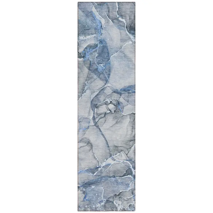 8' Runner Blue and Gray Abstract Washable Non Skid Indoor Outdoor Runner Rug