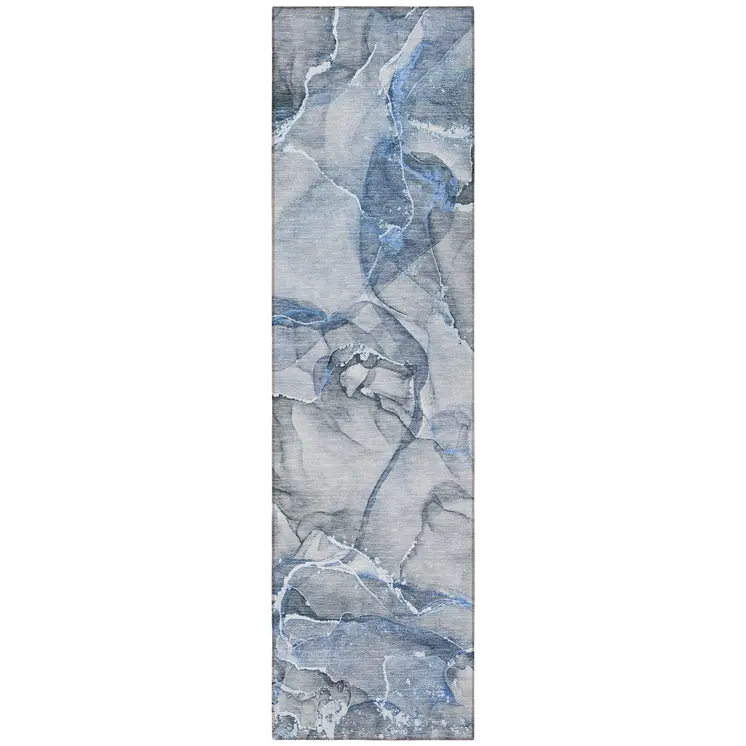 8' Runner Blue and Gray Abstract Washable Non Skid Indoor Outdoor Runner Rug