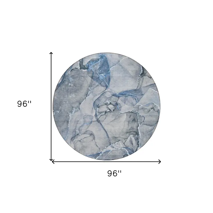 8' Round Blue and Gray Round Abstract Washable Non Skid Indoor Outdoor Area Rug