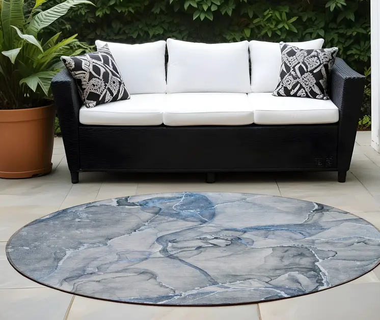 8' Round Blue and Gray Round Abstract Washable Non Skid Indoor Outdoor Area Rug