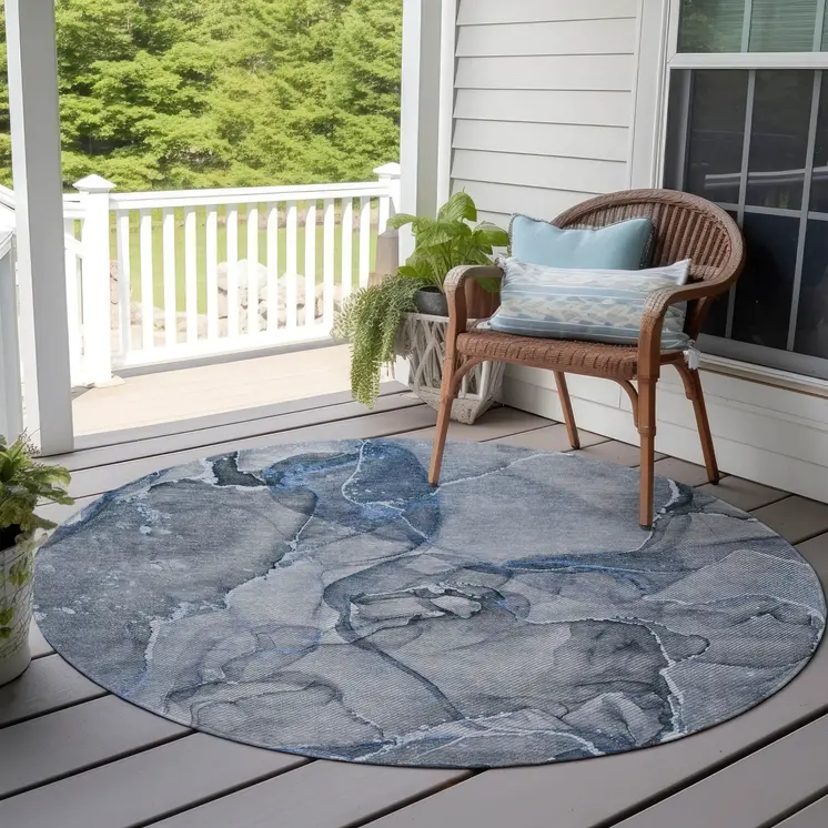 8' Round Blue and Gray Round Abstract Washable Non Skid Indoor Outdoor Area Rug