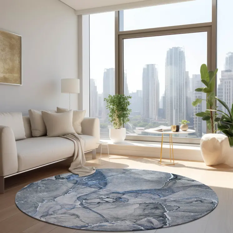 8' Round Blue and Gray Round Abstract Washable Non Skid Indoor Outdoor Area Rug