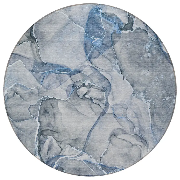 8' Round Blue and Gray Round Abstract Washable Non Skid Indoor Outdoor Area Rug