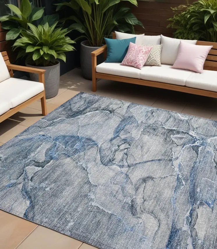 8' X 10' Blue and Gray Abstract Washable Non Skid Indoor Outdoor Area Rug