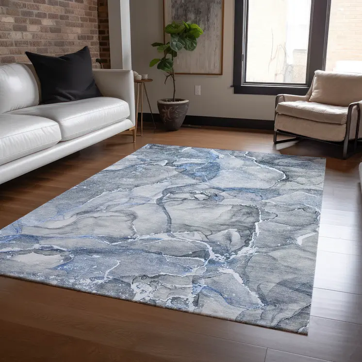 9' X 12' Blue and Gray Abstract Washable Non Skid Indoor Outdoor Area Rug