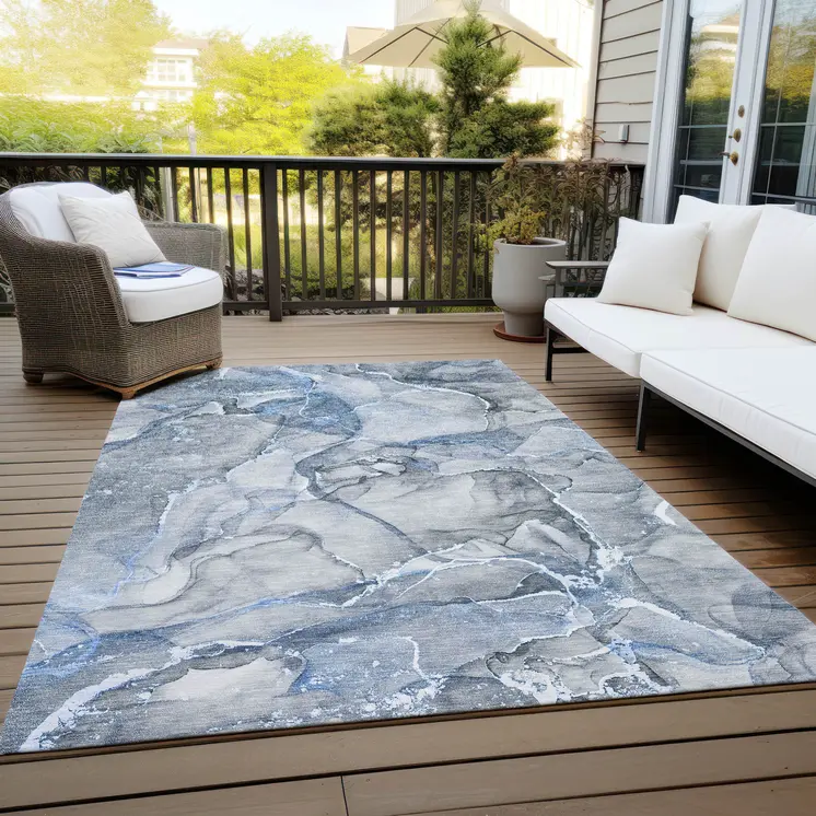 10' X 14' Blue and Gray Abstract Washable Non Skid Indoor Outdoor Area Rug