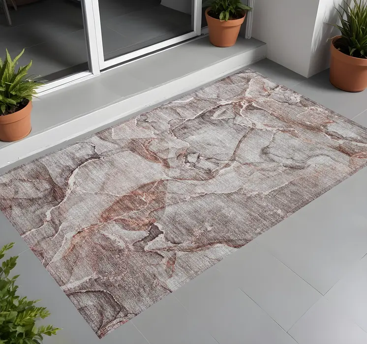 3' X 5' Gray and Red Abstract Washable Non Skid Indoor Outdoor Area Rug