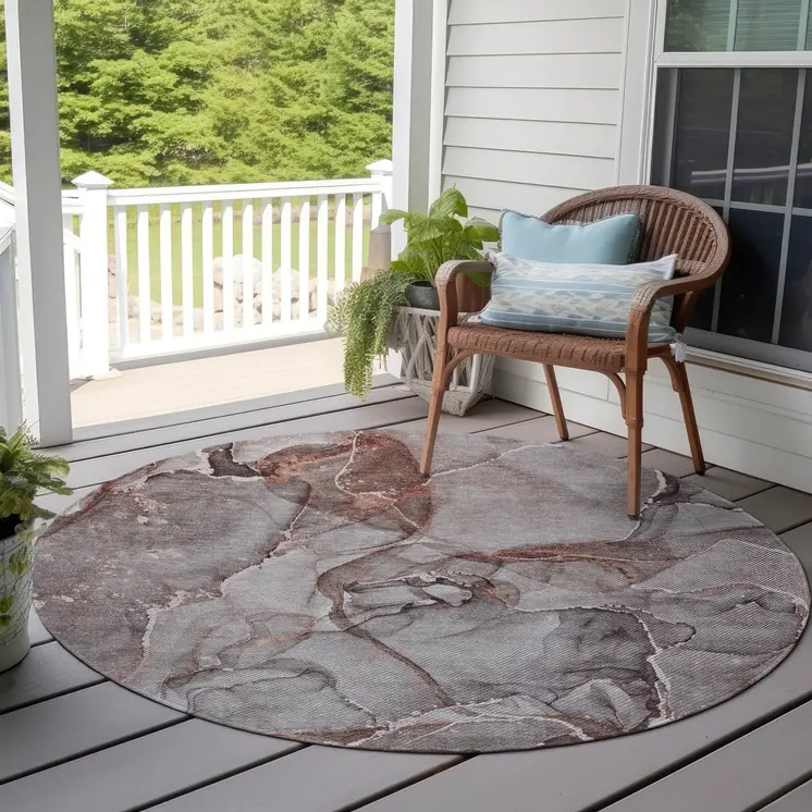 8' Round Gray and Red Round Abstract Washable Non Skid Indoor Outdoor Area Rug