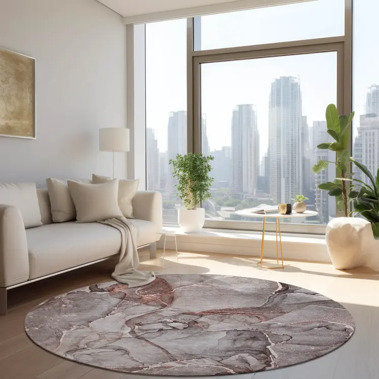 8' Round Gray and Red Round Abstract Washable Non Skid Indoor Outdoor Area Rug