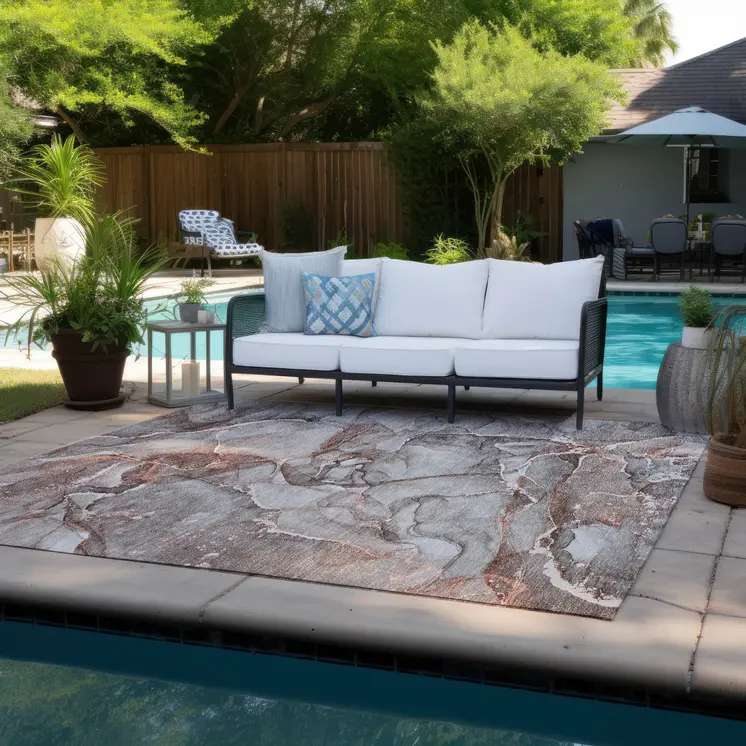 10' X 14' Gray And Red Abstract Washable Indoor Outdoor Area Rug