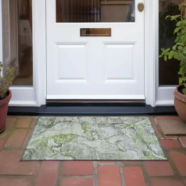 2' X 3' Green Abstract Washable Non Skid Indoor Outdoor Area Rug