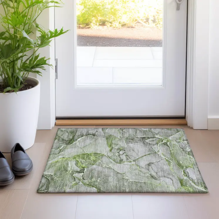 2' X 3' Green Abstract Washable Non Skid Indoor Outdoor Area Rug