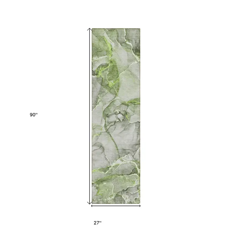 8' Runner Green Abstract Washable Non Skid Indoor Outdoor Runner Rug