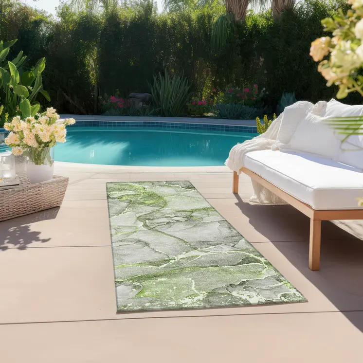 8' Runner Green Abstract Washable Non Skid Indoor Outdoor Runner Rug
