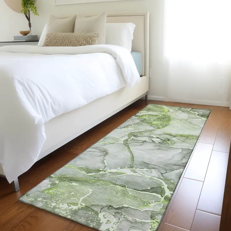 8' Runner Green Abstract Washable Non Skid Indoor Outdoor Runner Rug