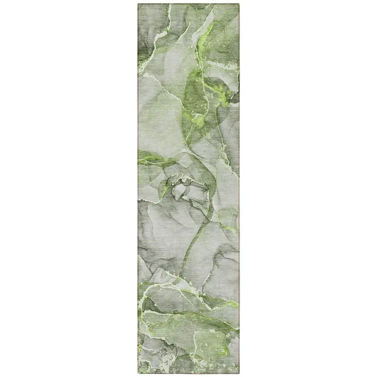 8' Runner Green Abstract Washable Non Skid Indoor Outdoor Runner Rug
