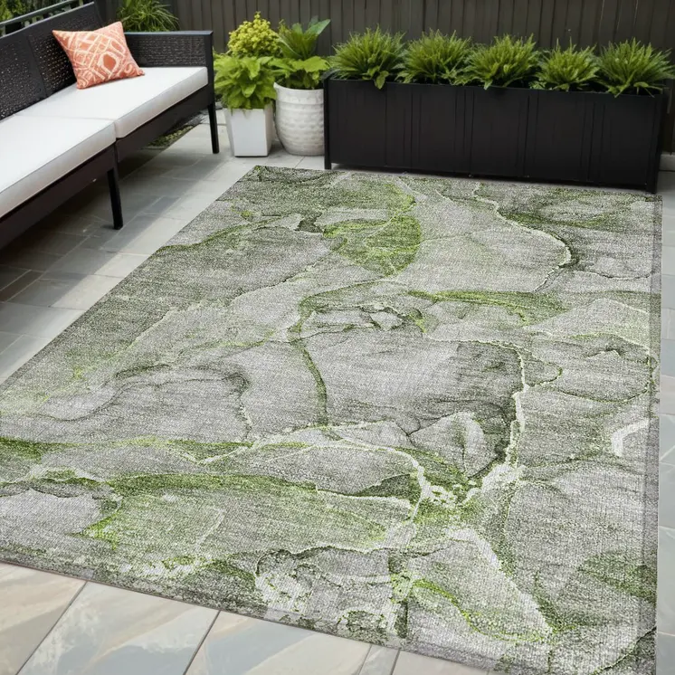 5' X 8' Green Abstract Washable Non Skid Indoor Outdoor Area Rug