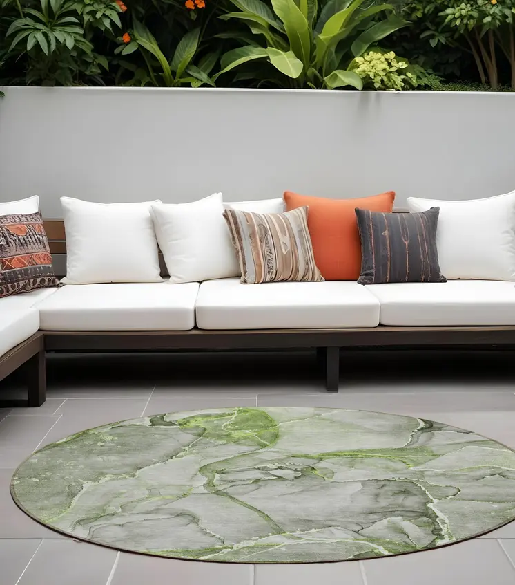 8' Round Green Round Abstract Washable Non Skid Indoor Outdoor Area Rug