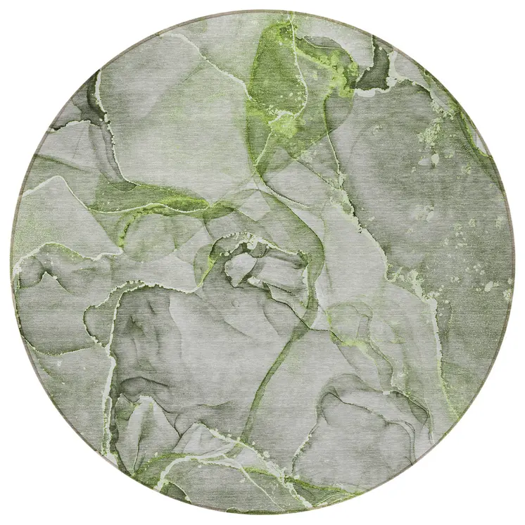 8' Round Green Round Abstract Washable Non Skid Indoor Outdoor Area Rug