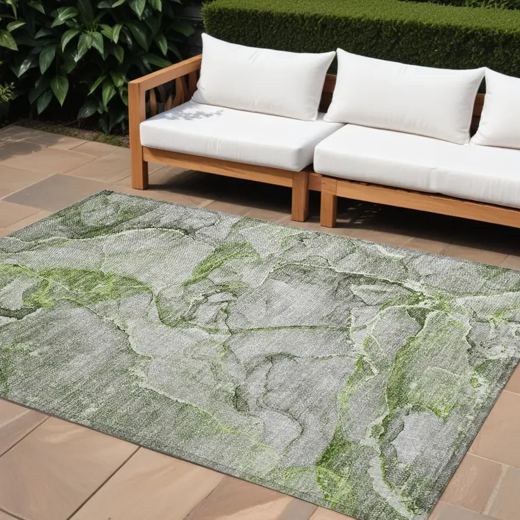 8' X 10' Green Abstract Washable Non Skid Indoor Outdoor Area Rug