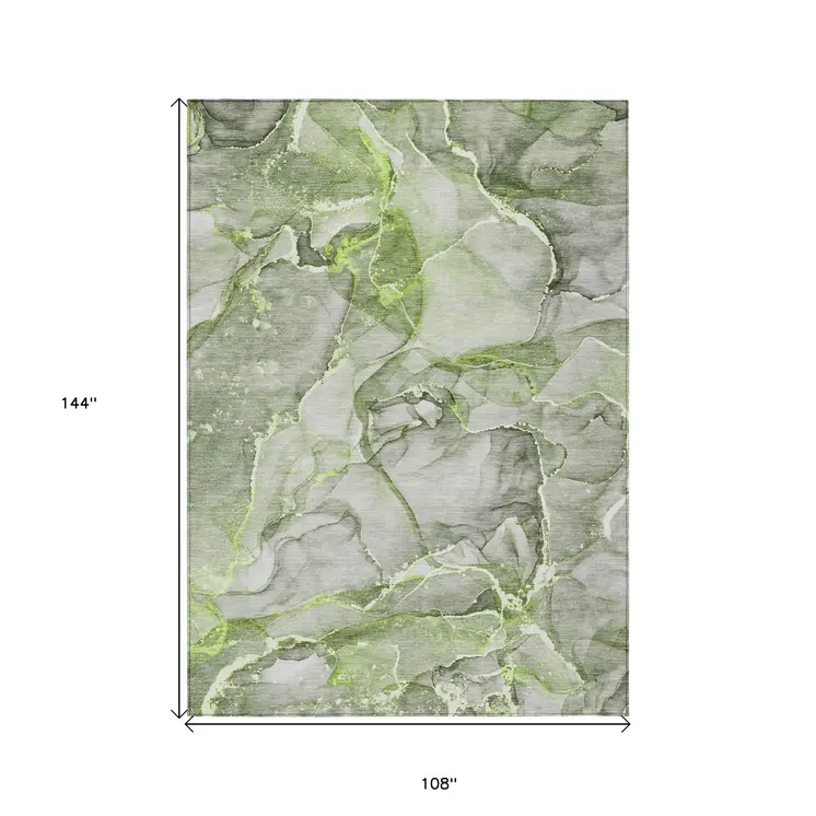 9' X 12' Green Abstract Washable Non Skid Indoor Outdoor Area Rug