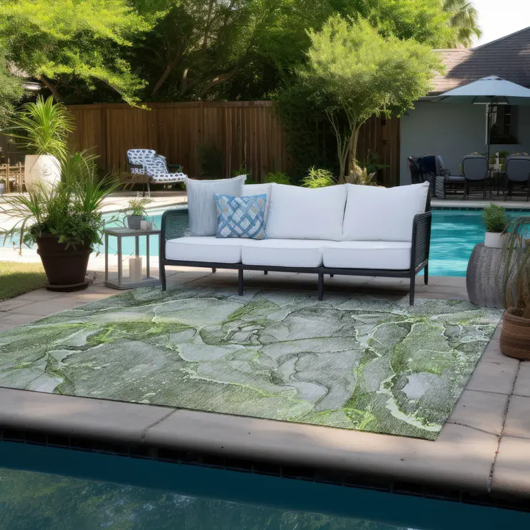 10' X 14' Green Abstract Washable Non Skid Indoor Outdoor Area Rug