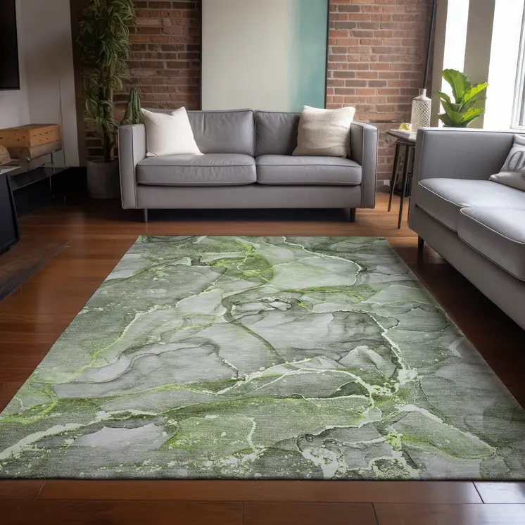 10' X 14' Green Abstract Washable Non Skid Indoor Outdoor Area Rug