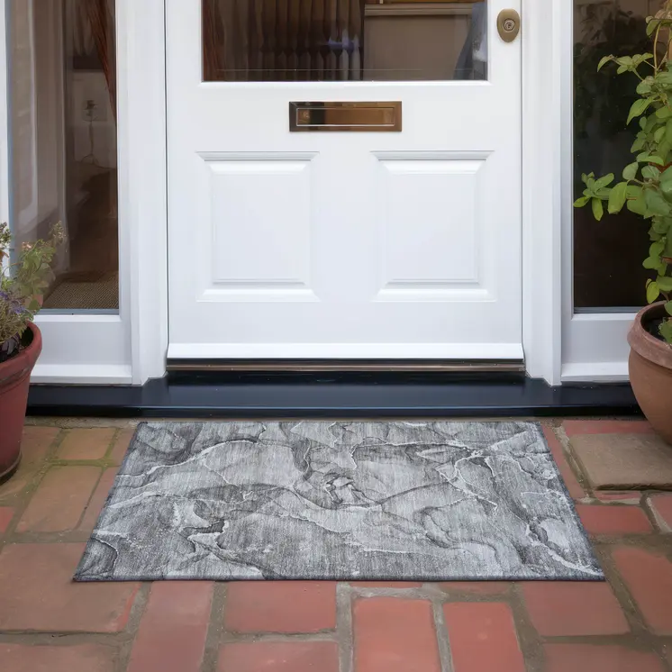 2' X 3' Gray and Ivory Abstract Washable Non Skid Indoor Outdoor Area Rug