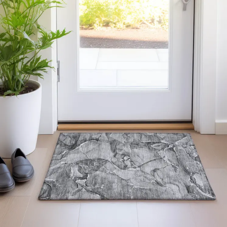 2' X 3' Gray and Ivory Abstract Washable Non Skid Indoor Outdoor Area Rug