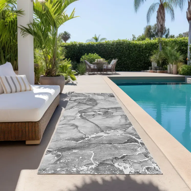 8' Runner Gray and Ivory Abstract Washable Non Skid Indoor Outdoor Runner Rug