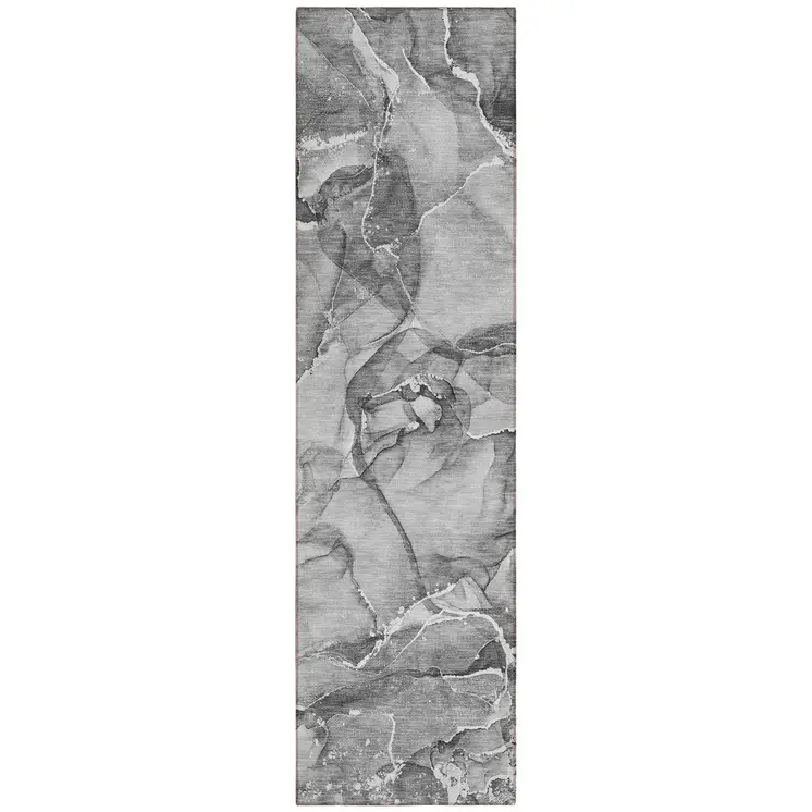 8' Runner Gray and Ivory Abstract Washable Non Skid Indoor Outdoor Runner Rug