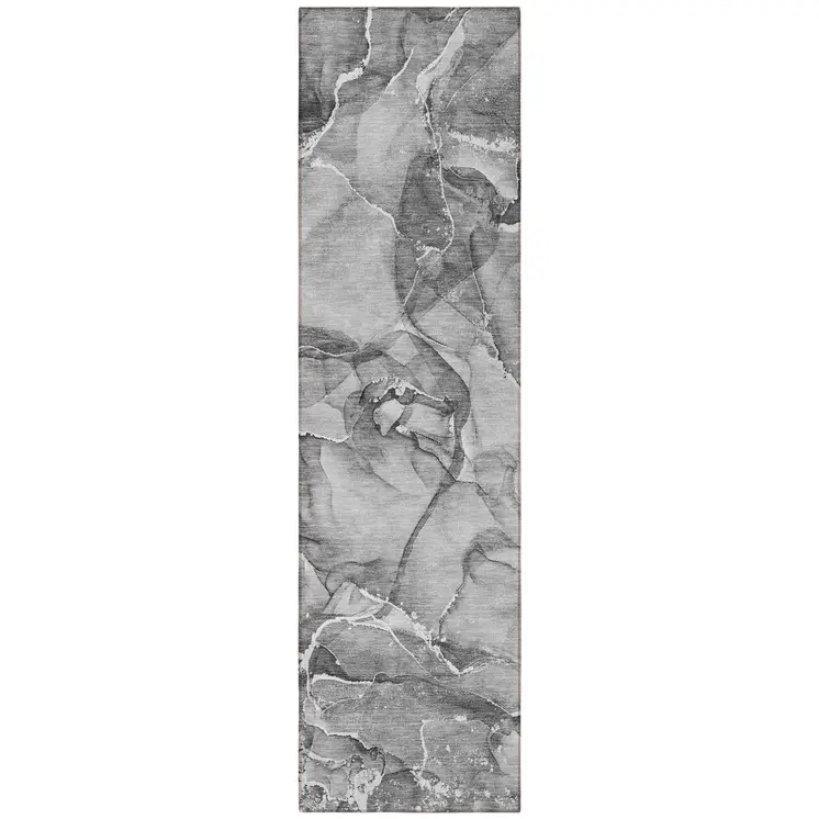 8' Runner Gray and Ivory Abstract Washable Non Skid Indoor Outdoor Runner Rug