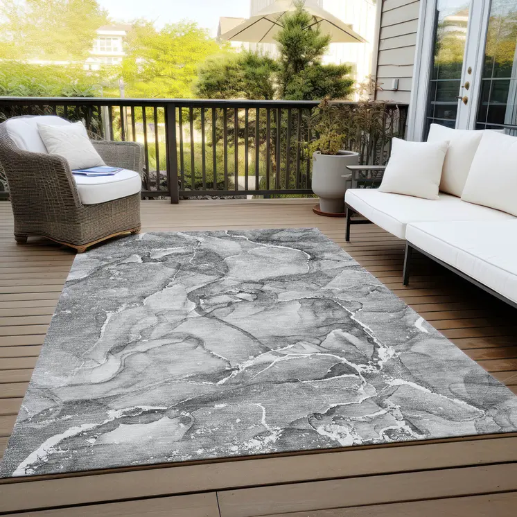 3' X 5' Gray and Ivory Abstract Washable Non Skid Indoor Outdoor Area Rug