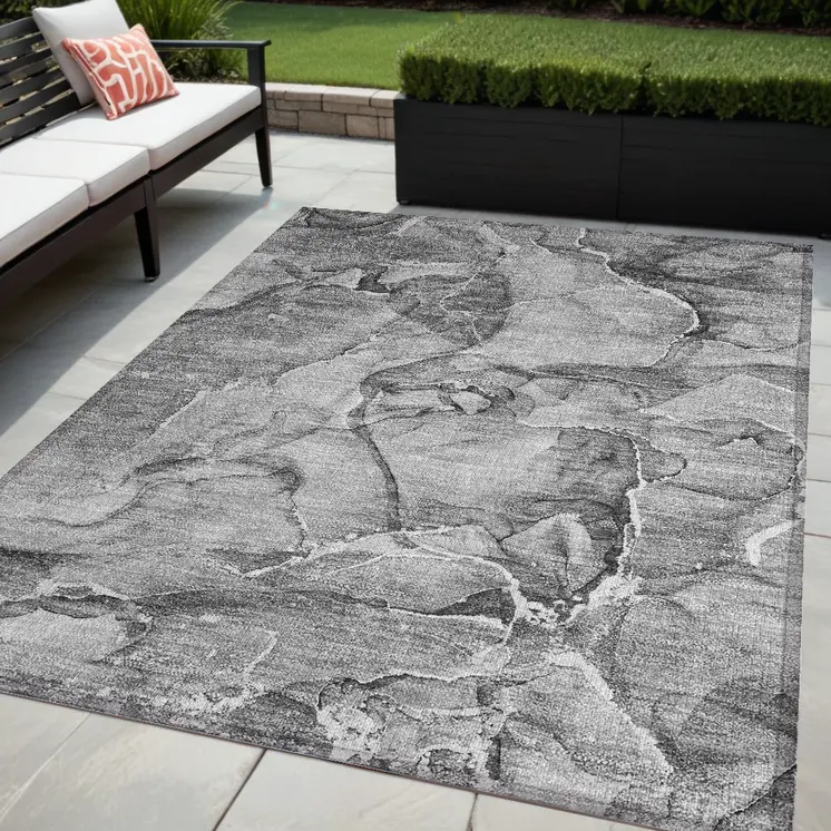 5' X 8' Gray and Ivory Abstract Washable Non Skid Indoor Outdoor Area Rug