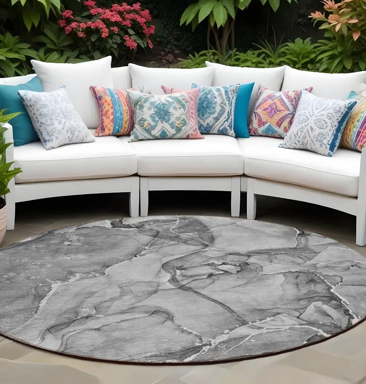 8' Round Gray and Ivory Round Abstract Washable Non Skid Indoor Outdoor Area Rug