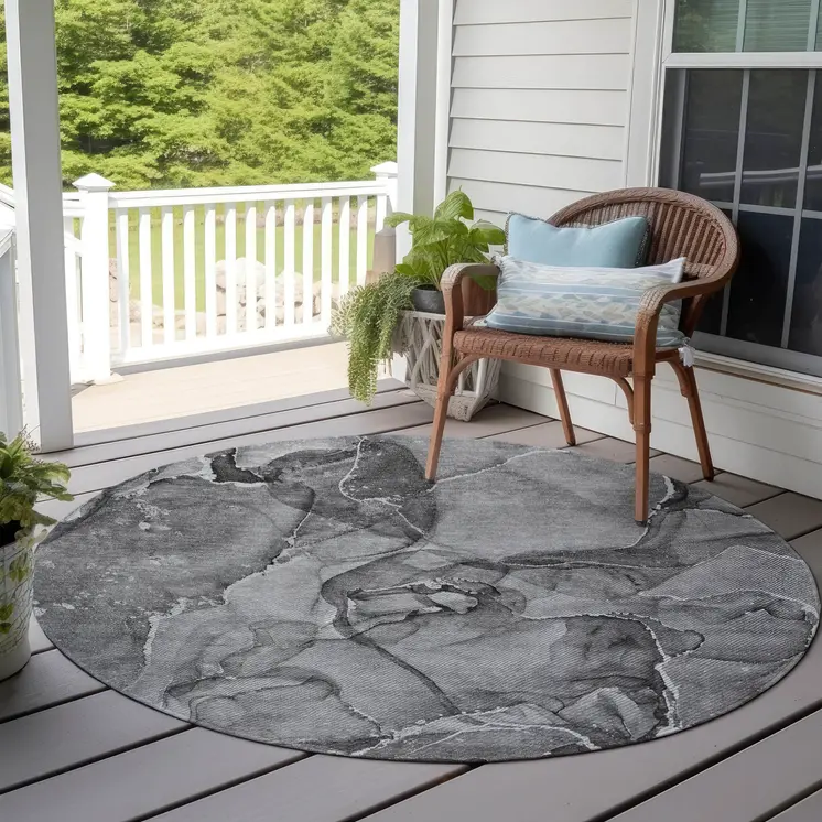 8' Round Gray and Ivory Round Abstract Washable Non Skid Indoor Outdoor Area Rug