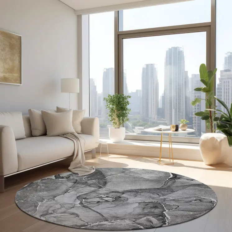 8' Round Gray and Ivory Round Abstract Washable Non Skid Indoor Outdoor Area Rug