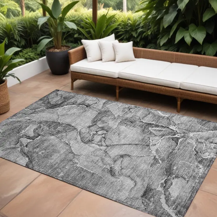 9' X 12' Gray and Ivory Abstract Washable Non Skid Indoor Outdoor Area Rug