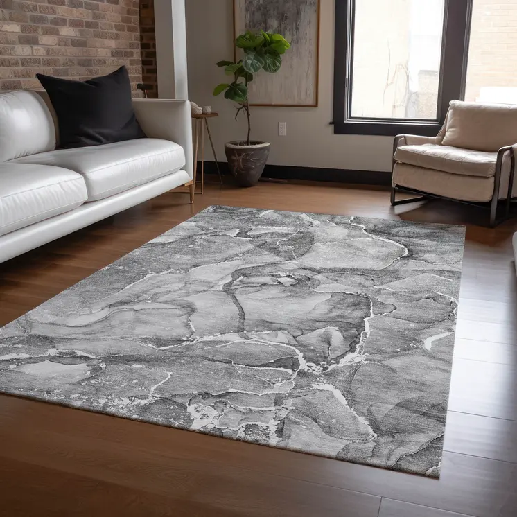 10' X 14' Gray and Ivory Abstract Washable Non Skid Indoor Outdoor Area Rug